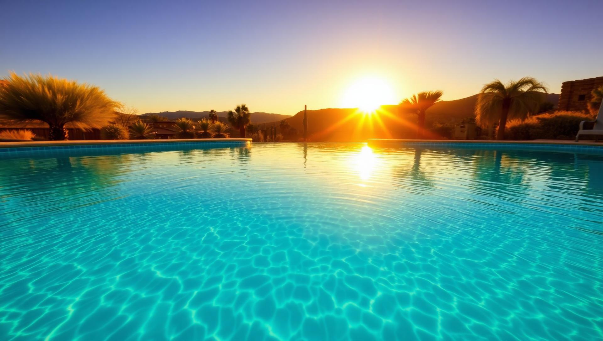 Sparkling High Desert backyard pool at golden hour